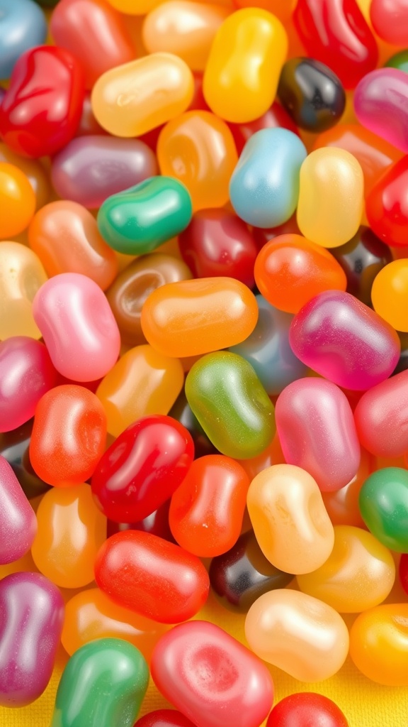 An array of colorful 3D jelly beans on a bright surface, showcasing their glossy texture.